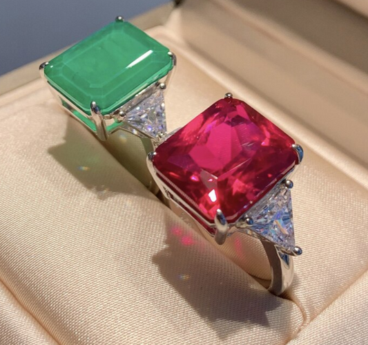 Square Emerald Ruby Ring - Green & Red Gem