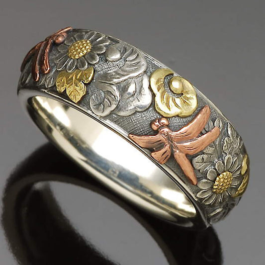 Retro Carved Flower & Dragonfly Ring